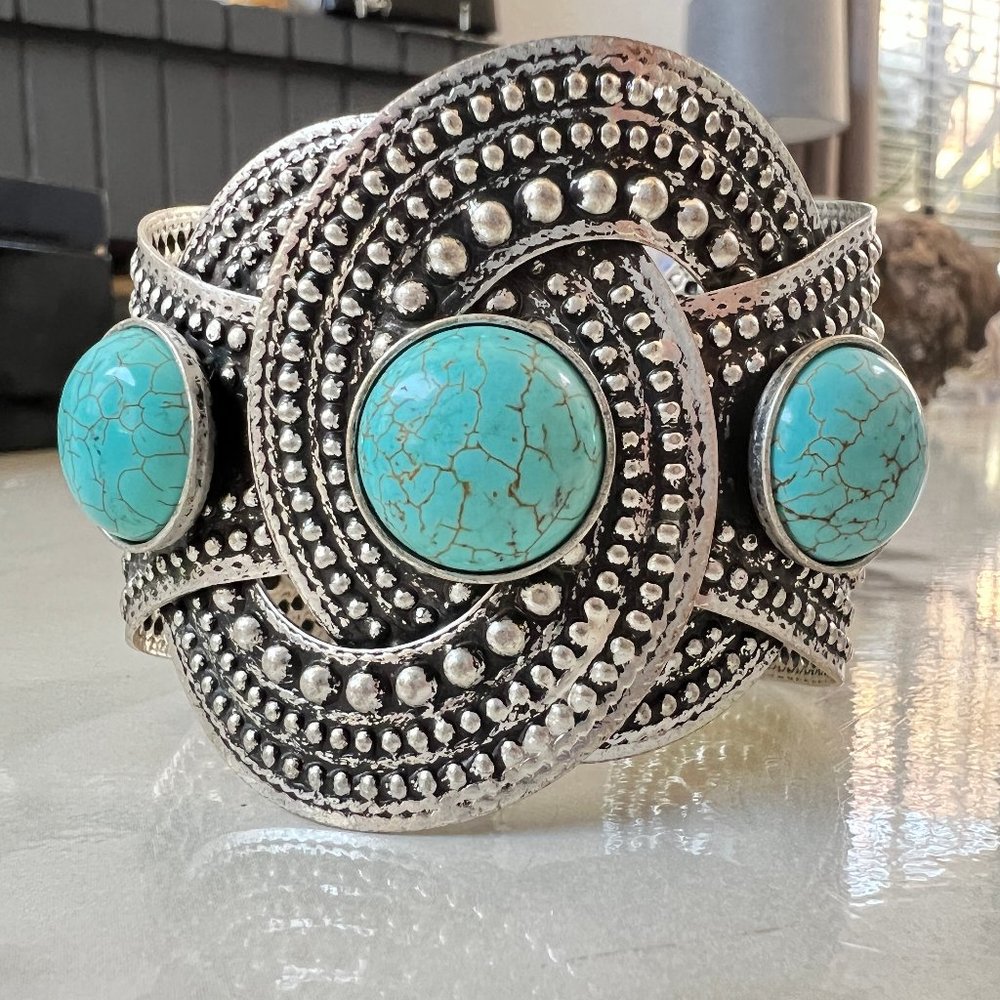 Vintage Turquoise Silver Metal Cuff, 80s Large Turquoise Bracelet